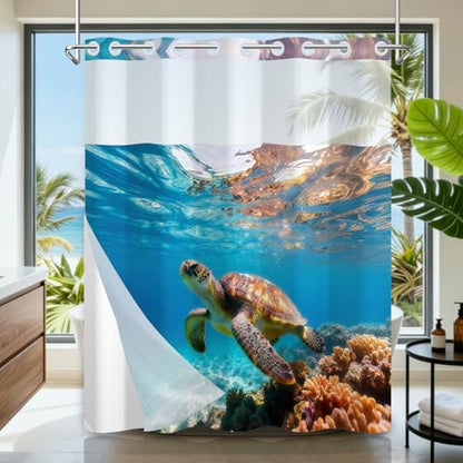 No Hook Shower Curtain with Snap in Liner, Ocean Themed Turtle Shower Curtain with Mesh Top Window and Weighted Hem, 71x74 Inches Double-layer Waterproof Fabric Shower Curtain and Button Liner Set - color: Sea Turtle