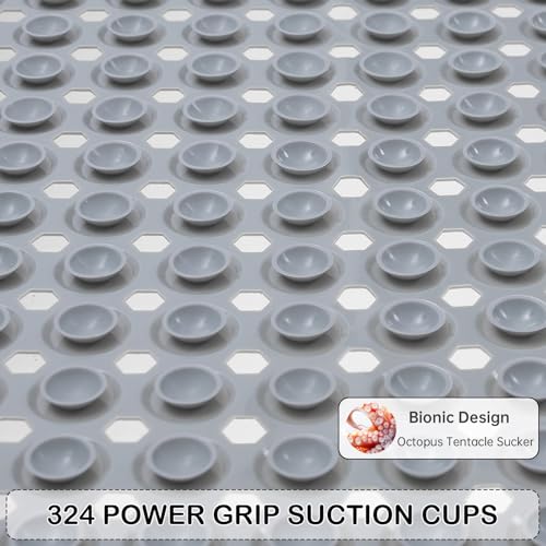 Non-Slip Bathtub and Shower Mats, Power Grip Bath Mat 35 x 16.3 Inch with Suction Cups and Drain Holes for Tub Bathroom Floor Safety, Machine Washable Soft Bathmat, Gray - color: Gray
