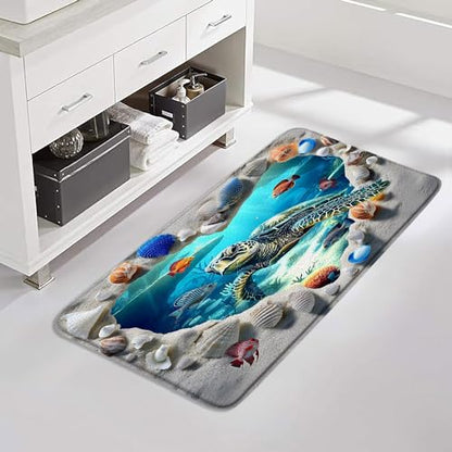 Sea Turtle Bath Mat Bathroom Rug, Ocean Beach Shell Underwater World Tropical Fish Summer Memory Foam Bathroom Kitchen Bedroom Livingroom Soft Floor Rug, 24"x47" - size: 24x47 Inch(60x120CM)