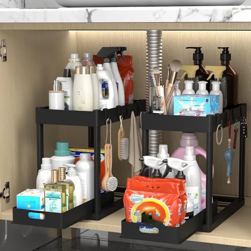 Growsun 2 Pack Under Sink Organizer and Storage Pull Out Cabinet 2 Tier Sliding Drawer Kitchen Cabinet Organizer Sturdy Bathroom Storage, Black - color: 2 Pack Black