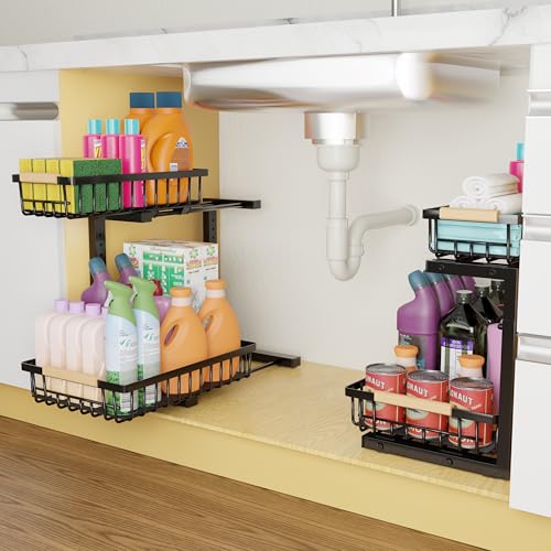 Under Sink Organizer with Pull-Out Drawers, 5-Level Adjustable Height 14"–17", 2-Tier Cabinet Storage, 4 Suction Cups, Nano-Grip Base, Sliding Baskets, Heavy-Duty Steel, Kitchen & Bathroom