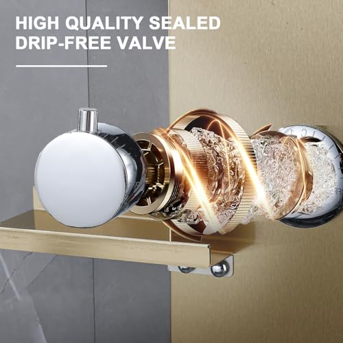 LED Shower Panels Tower System, LCD Temperature Display with Shelf, 304 Stainless Steel System with Rainfall Shower Head with Handheld Massage Body Jets Waterfall Bathtub, Brushed Gold - color: Brushed Gold