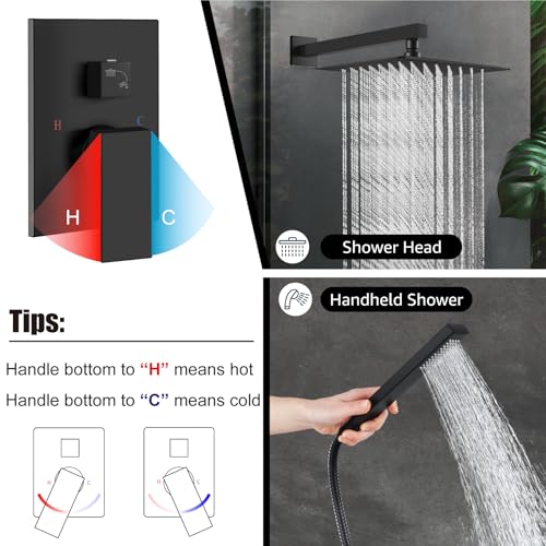 Midanya Shower Faucet Set with Handheld Sprayer,10 Inch,Matte Black | Rough-in Shower Valve and Trim Kit Included,Square Rain Head,Wall Mount Shower System,All Metal,Bathroom - color: Black, size: 10 Inch