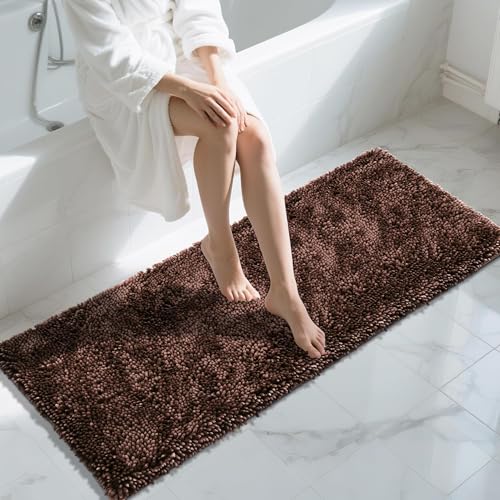 Yimobra Long Bathroom Rugs Runner 60x24 Inch, Extra Thick Soft Absorbent Chenille Bath Mat, Non Slip Machine Washable, Quick Dry Bath Rugs for Bathroom Floor, Tub and Shower, Brown - color: Brown, size: 60" X 24"