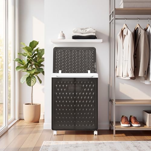 VECELO Rolling Laundry Hamper with Wheels and Lid, Foldable Plastic Laundry Basket with Handle, Rolling Divided Laundry Cart for Small Spaces, Laundry, Bathroom, Bedroom, Black - color: Black