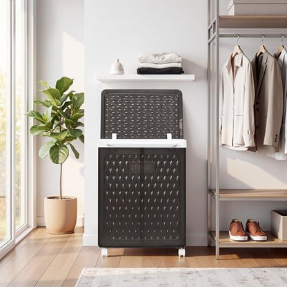VECELO Rolling Laundry Hamper with Wheels and Lid, Foldable Plastic Laundry Basket with Handle, Rolling Divided Laundry Cart for Small Spaces, Laundry, Bathroom, Bedroom, Black - color: Black