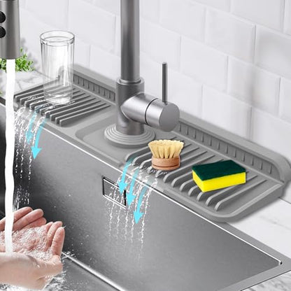 17.7-Inch Kitchen Sink Splash Guard Mat | 7° Slope for Fast Self-Draining | Snap-Lock Design | Universal & Cuttable Silicone Faucet Mat Gray - color: Gray, size: 17.7" x 5.5"