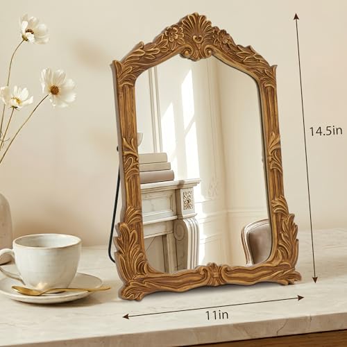 Besdomus Antique Makeup Desk Mirror: 11"x14.5" Small Gold Bow Table Vanity | Antique Standing Carved Mirror - Baroque Traditional Ornate for Bedroom/Vanity Table/Living Room - Ideal for Ages 18-45 - size: 11"L x 14.5"W