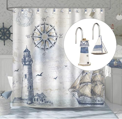 Sunlit Nautical Shower Curtain Hooks, Home Decorative Coastal Shower Curtain Rings for Bathroom, Resin, Ocean Shower Curtain Hanger Hooks for Living Room, Set of 12, Blue Lighthouse Sailboat - size: Sailboat & Lighthouse