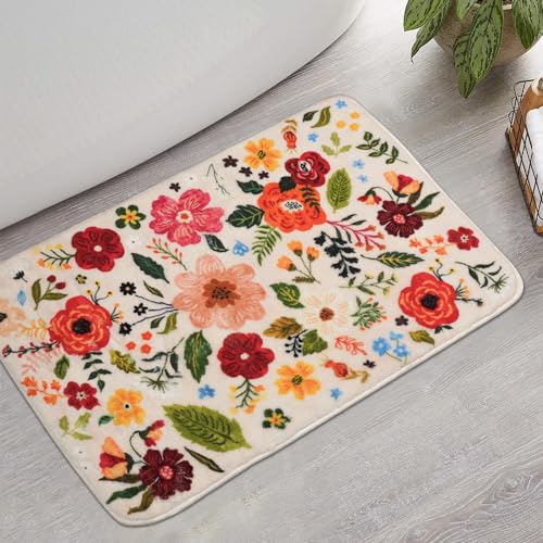 Floral Bathroom Rugs Cute Bath Mat Small, Flower Rug Non Slip Washable Bath Rugs, Soft Shower Rug for Bathtub Floor Decor (Beige) - color: Beige, size: 1'8" x 2'8" (Rectangular)