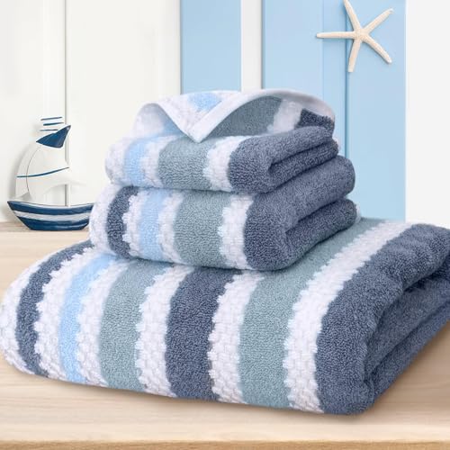 VOOVA & MOVAS Waffle 3PC Towel Set, Cotton, Blue Gray White | Large Bath 30x56 In, Hand 16x27 In, Wash Cloths 13x13 In, Quick Dry, Thick, 540GSM, With Hanging Loops - color: Blue-gray and White, size: 3 PC Bathroom Towel Set