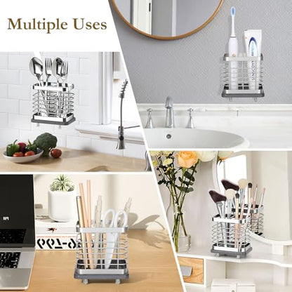 Shinowa Toothbrush Holder Wall Mounted for Bathroom 2 Slots, Silver | Stainless Steel Electric Toothbrush Toothpaste Holder with Fast Dry Tray, Adhesive and Countertop Bathroom Accessories - color: Silver