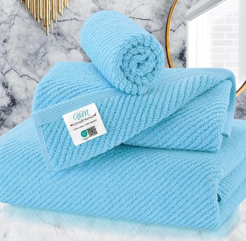 VOOVA & MOVAS 3PC Towel Set, 100% Cotton, Ocean Blue | 1 Large Bath 30x56 In, 1 Hand 18x28 In, 1 Wash Cloth 13x13 In, Quick Dry, Soft, Thick, Bathroom Essentials - color: Ocean City Blue, size: 3 PC Bathroom Towel Set