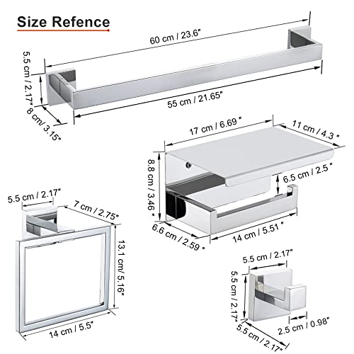 4-Piece Bathroom Hardware Set Chrome Bath Towel Bar Holder Sets Wall Mounted Stainless Steel Square Bathroom Accessory Kit, Polished Chrome 23.6 Inch - color: Polished Chrome, size: 4-Pieces Set-B