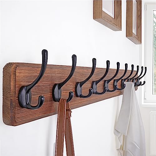 SKOLOO Farmhouse Style Wall Mounted Coat Rack, 38.6'' Pine Solid Wood Coat Hook Hanger - 10 Hooks for Hanging Clothes Robes Towels Coats - color: Brown Plate & Black Hook, size: 1 Item-10 Hooks