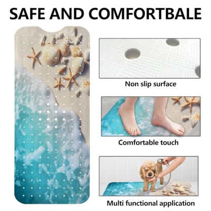 LNOND Summer Beach Bathtub Mat Non Slip, 40 X 16 Inch Tub Mat for Bathroom, Coastal Beaches Bath Tub Shower Mat with Drain Holes and Suction Cups - color: Coastal Beaches Bathtub Mat