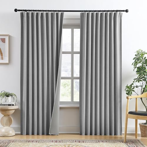 RAIN CITY Grey Linen Blackout Curtains 84 Inches Long 50 x 84 2 Panels | 100% Block Out Room Darkening Textured Curtain for Bedroom Living Room Thermal Back Tab Pocket Curtains with Hooks - color: Grey, size: 50"W x 84"L (Pack of 2)