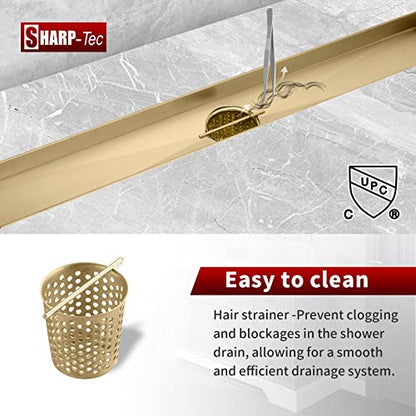 Sharp-tec 48 inch Linear Shower Drain, Golden Linear Drain with cUPC Certification, 304 Stainless Steel Shower Drain Easy to Install and Clean for Bathroom Shower Room, ST-099-48G - color: Gold, size: 48 inch
