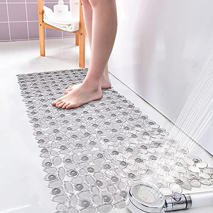 SONGZIMING Bathtub Mat Non Slip Pebble Bath Shower Mat with Drain Holes, Suction Cups Mat for Tub 16" W x 35" L, Clear Grey - color: Clear Grey