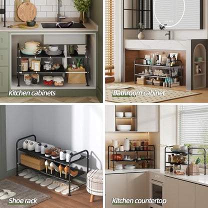 Under Sink Organizers and Storage,Expandable under cabinet organizer Shelf | 2 tier expandable shelf for kitchen and bathroom,8 Removable Carbon Steel Panels,27.36-36.02" W x 12.28" D x 16.93" H - size: 8 thickened iron plates(12.28"deep)