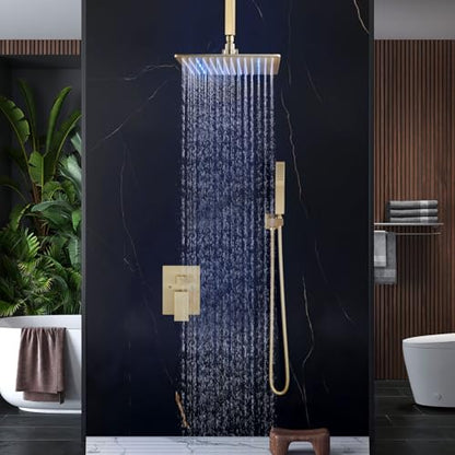Aolemi Ceiling Shower Faucet Set with Handheld 16" LED Head Brushed Gold | Handheld Spray,16 Inch Rain LED Head,Shower Valve and Trim Kit,All Metal,Ceiling System,Bathroom Mixer - color: Gold, size: 16 Inch LED Shower Head