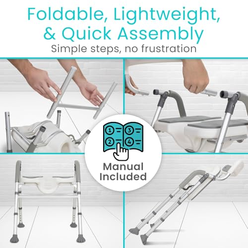 Vive Shower Chair for Elderly & Disabled - Handicap Bath Chair with Arms & U-Shape - Foldable, Adjustable Height - Padded Soaking w/Back & Drain Hole - Portable, Non-Slip, Safe Disability Aid | U-Shape - Foldable, Adjustable Height - Padded Soaking w/Back
