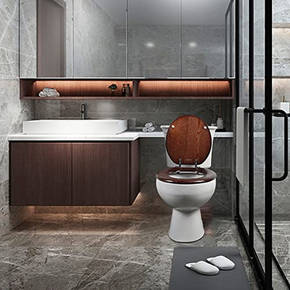 Angel Shield Durable Wood Veneer Natural Toilet Seat Metal Hinged Easy Clean Anti-scratch American Standard(Round,Dark Walnut) - color: Dark Walnut, size: Round-16.5”