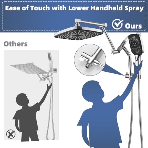 12" High Pressure Rain/Rainfall Shower Heads With Handheld Spray Combo (3+1 Settings & Built-in Power Wash Mode), Double/Dual Shower Head With Handheld - Height/Angle Adjustable(Polished Chrome) - color: Polished Chrome, size: 12 Inch