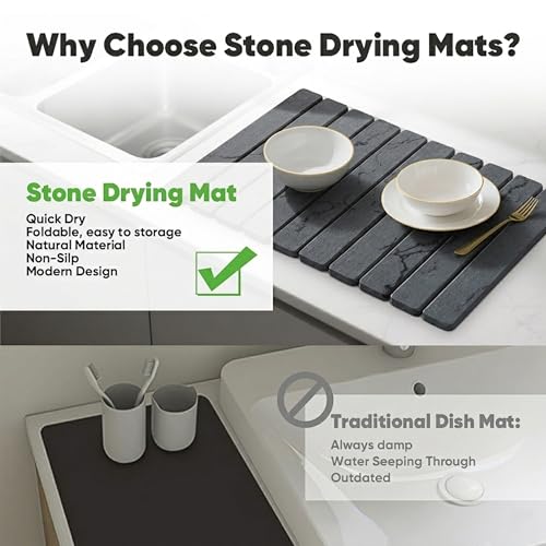 Stone Drying Mat for Kitchen Counter, Quick Diatomaceous Earth Mats for Dishes, 24"L x 16" W Super Absorbent Fast-Drying Collapsible Countertop Stone Mat (Marble Grey, 24" x 16") - color: Marble Grey