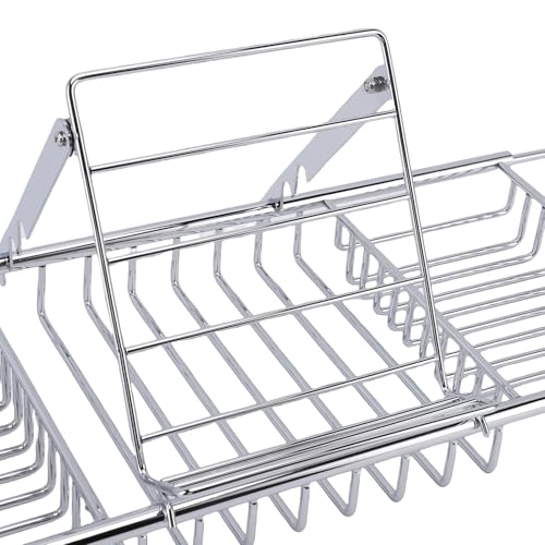 Yctze Stainless Steel Bathtub Tray, Adjustable Shower Tub Caddy with Extendable Sides & Removable Book Holder for Bathroom Accessories (Silver) - color: Silver