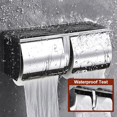 Double Toilet Paper Holder with Shelf，Large Commercial Toilet Paper Dispenser Wall Mounted Tissue Roll for Bathroom Paper Roll Holder Cat Proof Toilet Tissue Cover, Stainless Steel