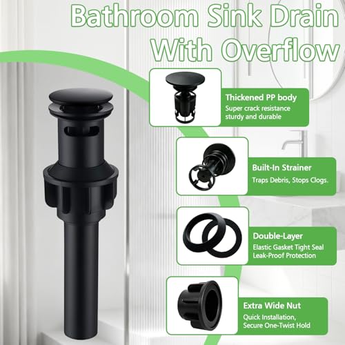 Bathroom Sink Drain with Overflow,Matte Black Bathroom Sink Stopper | for Bathroom Vanity Vessel Sink, Rapid Draining Plastic Pop-up Sink Drain Anti-Clog Strainer,with Silicone Hair Catcher - color: Bathroom Sink Drain-matte Black