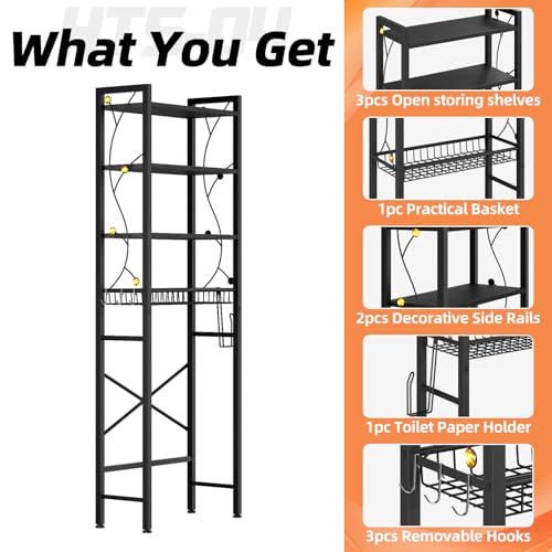 Over-The-Toilet Storage Rack, 4-Tier Bathroom Organizer Shelf Over Toilet with Adjustable Shelf and Basket, Freestanding Space Saver Bathroom Shelves Above Toilet for Room (Pure Black) - color: Pure Black