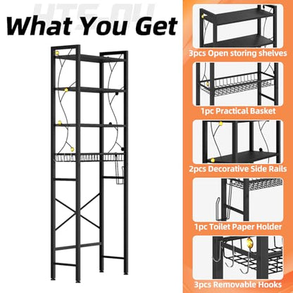 Over-The-Toilet Storage Rack, 4-Tier Bathroom Organizer Shelf Over Toilet with Adjustable Shelf and Basket, Freestanding Space Saver Bathroom Shelves Above Toilet for Room (Pure Black) - color: Pure Black
