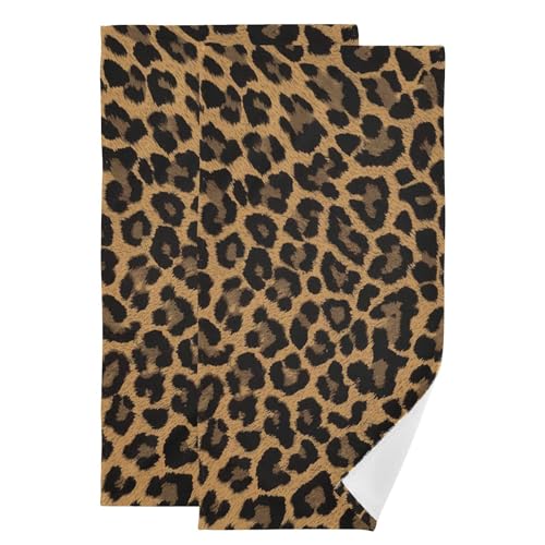 Brown Black Leopard Print Hand Towels for Bathroom Set of 2 Soft Absorbent Wild Animal Cheetah Skin Print Kitchen Dish Towels Farm Decorative Guest Bathroom Towels for Bath,Face,Hair 14"x28" - color: Brown Black