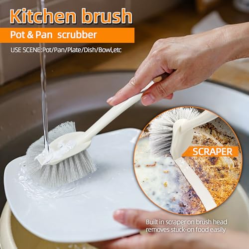 5-Pack Heavy Duty Scrub Brushes Set with Wooden Handles | Multi-Surface Scrubber for Kitchen,Bathroom,Tile & Grout,Includes Spherical,Triangle,Square & Dish Brush for Stubborn Stains