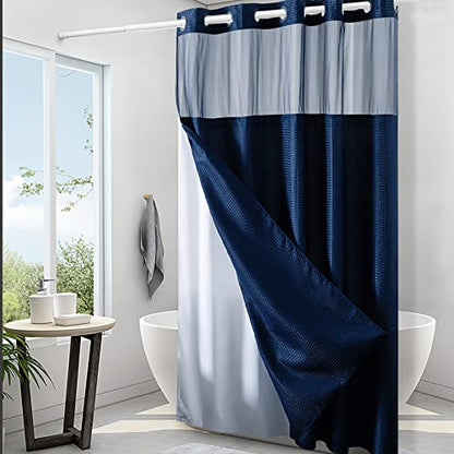 Furlinic No Hook Waffle Weave Shower Curtain with Snap in Fabric Liner Set,Heavy Duty Textured Bathroom Curtain with See Through Window,Waterproof & Machine Washable,Navy Blue,Stall 48x72 Inch - color: Navy, size: 48"W x 72"L (Pack of 1)
