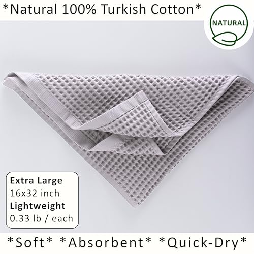 PÜSKÜL Natural 100% Turkish Cotton Waffle Hand and Kitchen Towels Set of 3 | Light Gray, Large 32x16 inc, Honeycomb-Waffle weave towel for bathroom & kitchen. Premium quality oeko-tex made in Turkey. - color: Gray, size: Kitchen & Hand Towels Pack of 3