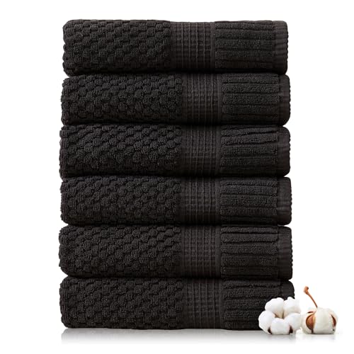 NY Loft 100% Cotton 6-Pack Hand Towel Set | Black | Oeko-TEX | Quick-Dry | Six 16" x 28" Hand Towels | Super Absorbent | Designer-Styled Texture - color: Black, size: Hand Towel (6 Pack)