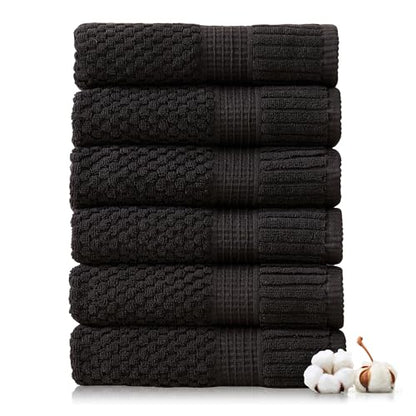 NY Loft 100% Cotton 6-Pack Hand Towel Set | Black | Oeko-TEX | Quick-Dry | Six 16" x 28" Hand Towels | Super Absorbent | Designer-Styled Texture - color: Black, size: Hand Towel (6 Pack)
