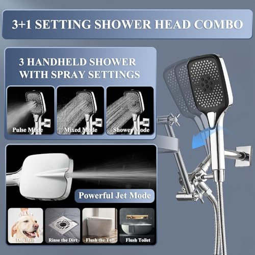 14 Inch Rain Shower Head with Handheld Spray Combo and Extention Arm, Rainfall Waterfall High Pressure Large Shower Heads, Dual Showerhead with 3-Way Diverter - Height/Angle Adjustable(Chrome) - color: Chrome, size: 14 Inch