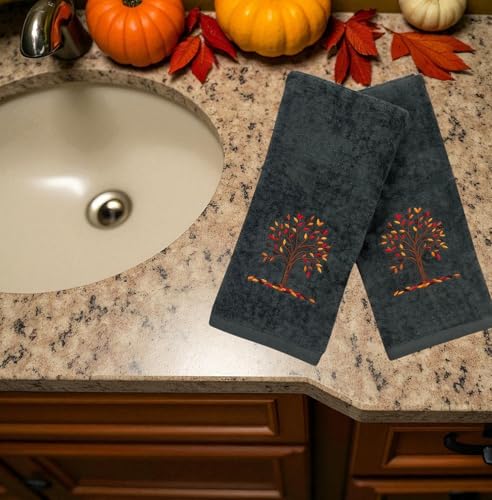 Serafina Home Harvest Fall Bathroom Guest Hand Embroidered Towels 2 Pc Set: Autumn Tree Design Bath Plush Grey Gray Towels, 100% Cotton, 16" x 25" Inches, Oeko-TEX Certified - color: Autumn Tree Grey