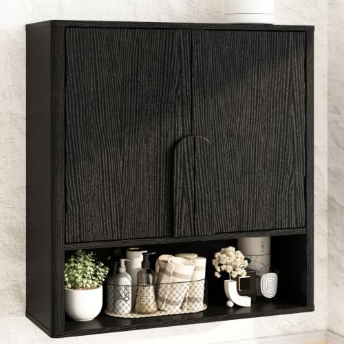 RUSTOWN Wall Mounted Bathroom Cabinets with Rounded Edges & Curved Handles | Adjustable Shelf, 3-Tier Over The Toilet Storage Cabinets, Modern Medicine Cabinet for Laundry Kitchen Living Room - color: Rustic Black