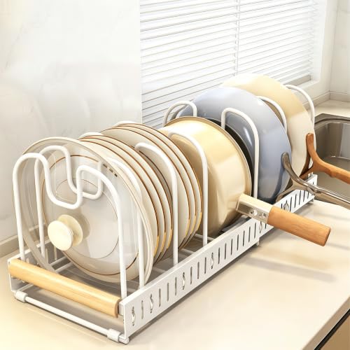 Pots and Pans Organizer Rack for under Cabinet, Expandable 12.2''-22.64'' Pot Lid Kitchen Cabinet Organizer Holder with 7 Adjustable Compartment Cutting Board Organizer for Pan Lid, Bakeware - size: Expandable Pot Rack Organizer