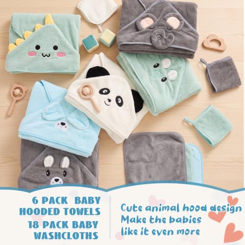 Tegeme 24 Pcs Large Hooded Baby Towel with Washcloths,Zoo Animals | Ultra Absorbent, Toddler, 6 Bath Towel, 18 Washcloths 10inch, Coral Fleece, Newborn, Infant, Boy, Girl, Baby Shower, Birthday - style: Zoo Animals
