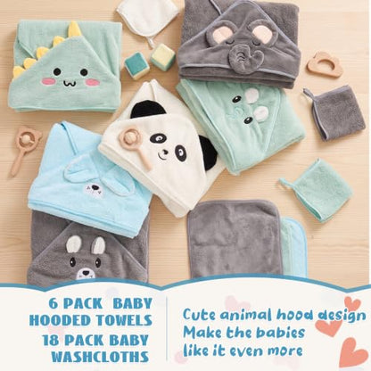 Tegeme 24 Pcs Large Hooded Baby Towel with Washcloths,Zoo Animals | Ultra Absorbent, Toddler, 6 Bath Towel, 18 Washcloths 10inch, Coral Fleece, Newborn, Infant, Boy, Girl, Baby Shower, Birthday - style: Zoo Animals