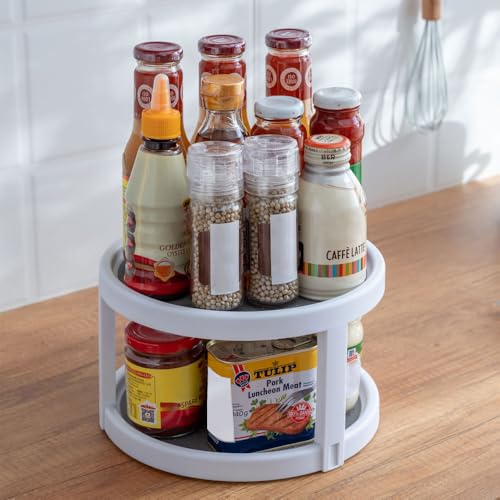 2 Tier Non Skid Spice Rack Turntable, 10 Inch Spinning Organizer, Non Skid Lazy Susan Turntable, 360° Rotating Seasoning Organizer for Kitchen, Pantry Cabinet, Refrigerator, Bathroom, Gray & White