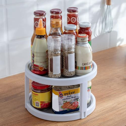 2 Tier Non Skid Spice Rack Turntable, 10 Inch Spinning Organizer, Non Skid Lazy Susan Turntable, 360° Rotating Seasoning Organizer for Kitchen, Pantry Cabinet, Refrigerator, Bathroom, Gray & White