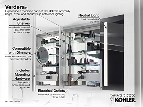 Kohler Verdera 40 in. x 30 in. Recessed or Surface Mount Lighted Medicine Cabinet with Mirror - size: 40" W x 30" H, style: Lighted