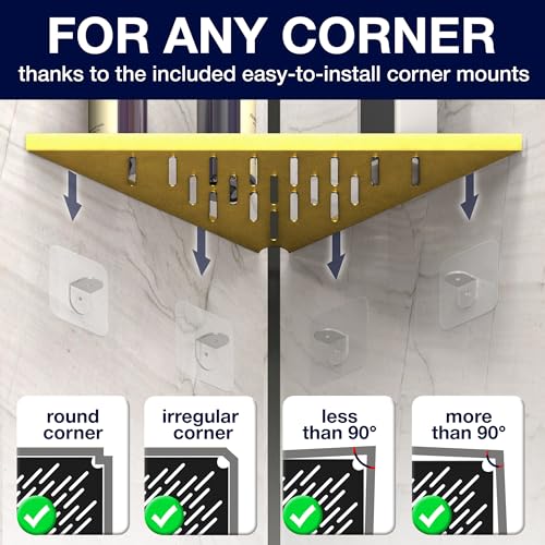Corner Shower Shelf for Inside Shower - Adhesive/Stick/Drill/No Drill - Floating Strong 14" Gold Corner Shower Shelves for Bathroom, Tiled Wall, Caddy Organizer, Kitchen, Shower